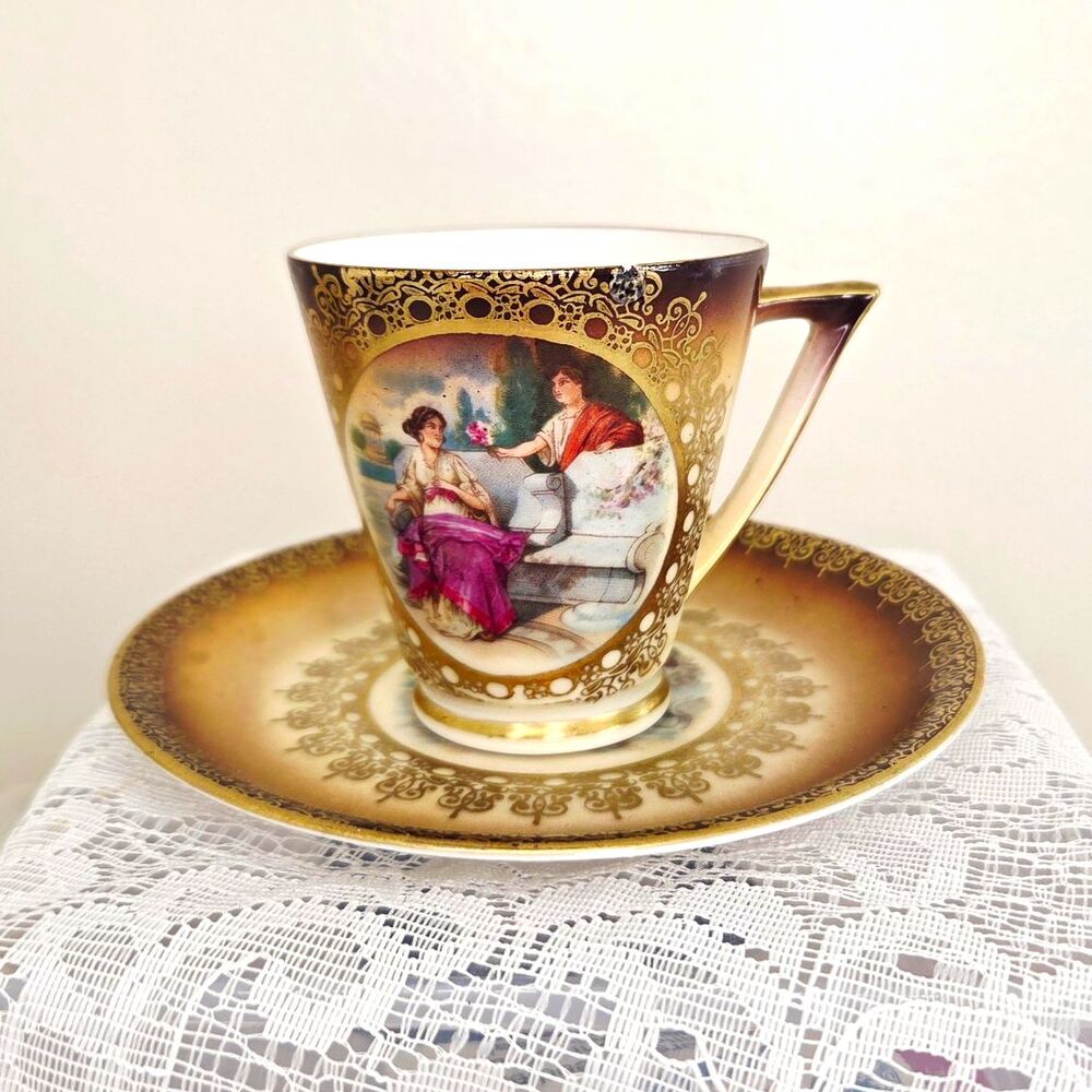 Mitterteich Made in Germany Romantic Gold Brown White Cup & Saucer 2-Piece Set